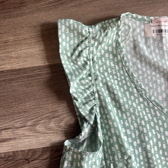 Ces Femme Sea Island Dress L Green White Ditsy Flutter Sleeve Cottagecore Boho - Picture 5 of 9